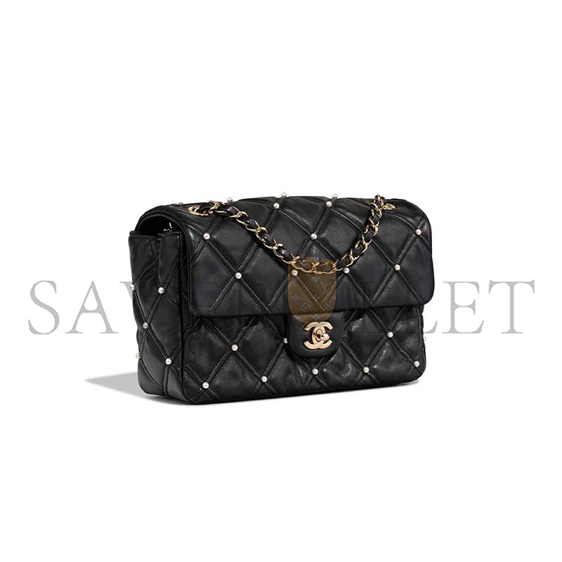 CHANEL BLACK LAMBSKIN QUILTED PEARL STUDDED FLAP BAG WITH GHW (24*16*7.5cm)